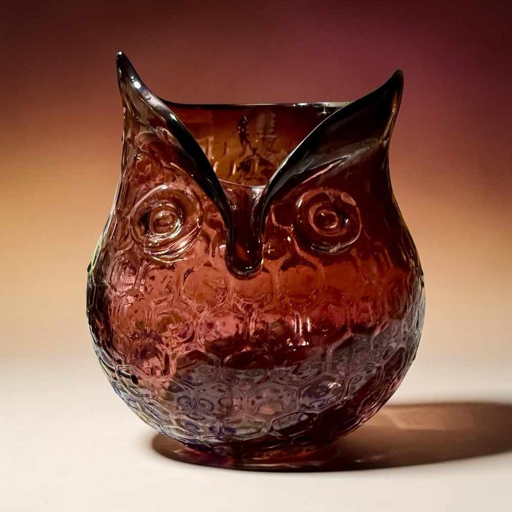 Vintage Amethyst Purple Art Glass Owl Vase Planter Textured Hand Blown 7.5"